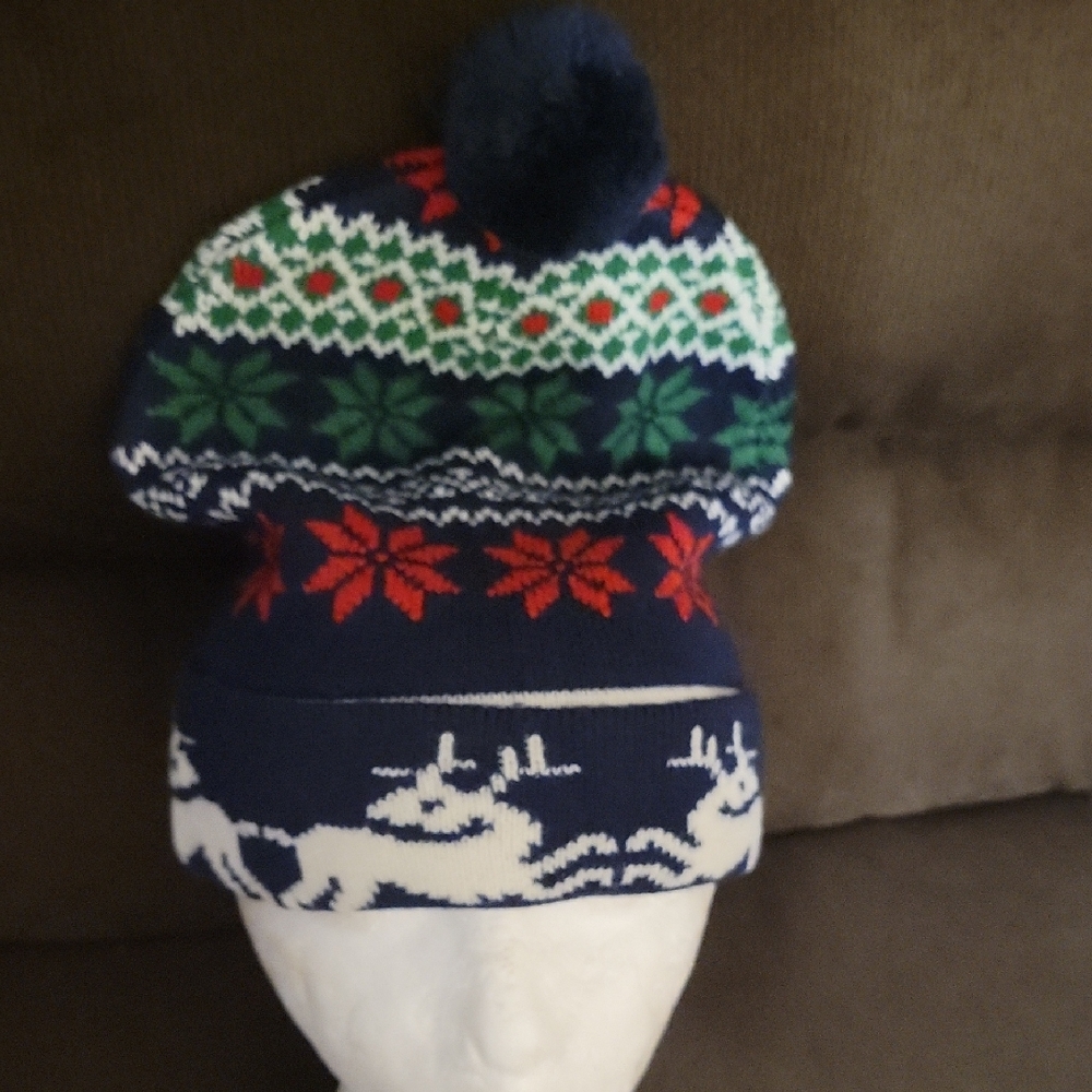 Festive Navy and Red Knit Pom-Pom Hat